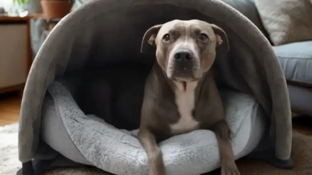 Isey the Staffordshire terrier in a dog cave.